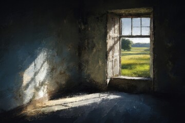 A painting with thick oil brush strokes of a room and sunny window.