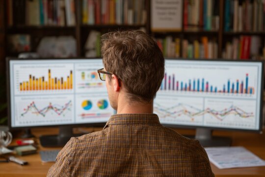 A professional man working from home, presenting charts online.