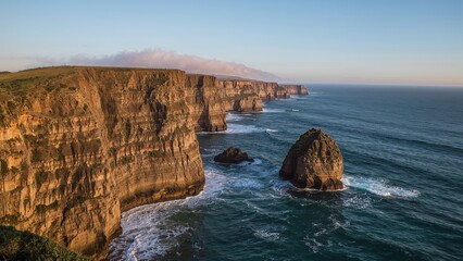Cliffs along the coastline with rock formations in the ocean; scenic sea view during daylight.