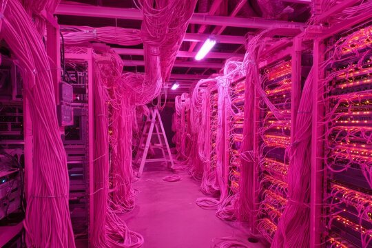 A UV-reactive crypto mining farm with neon pink cables.