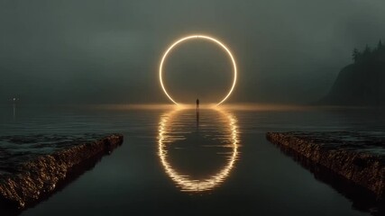 Mysterious figure standing in foggy lake at dusk