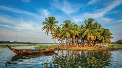 Obraz premium Tropical island with palm trees and boat, serene water landscape, natural scenery, outdoor environment, watercraft, and lush greenery.