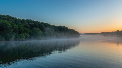 Fototapeta premium Serene river scene at dawn with fog rising over calm water and lush green trees along the banks. Nature and landscape, peaceful morning setting. The concept of tranquility in nature.