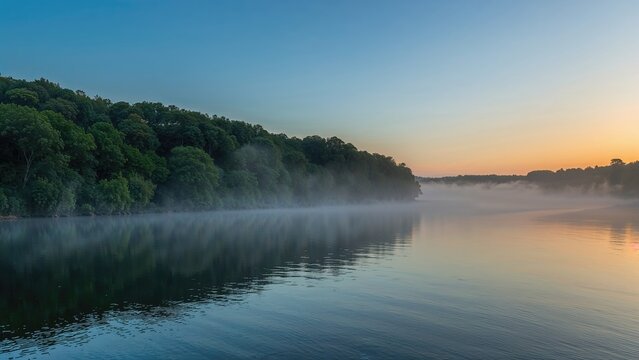 Serene river scene at dawn with fog rising over calm water and lush green trees along the banks. Nature and landscape, peaceful morning setting. The concept of tranquility in nature.