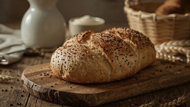 Fresh bread loaf on a wooden cutting board with a rustic kitchen background and a bread basket. Bakery, food, and home cooking. The concept of baking and fresh bread.