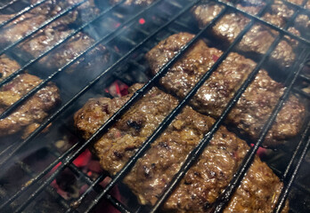 Close-up of juicy minced meats grilling on a metal barbecue with smoke and flames. Showing meat texture, heat and outdoor cooking atmosphere perfect for summer food and gatherings.