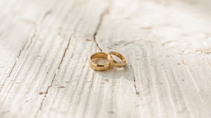 Two gold wedding rings resting on a textured light-colored surface.