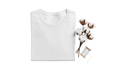 A white T-shirt with a cotton flower and thread is a soft and natural choice for comfortable and eco-friendly fashion.
