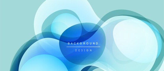 Abstract blue shapes overlap light turquoise backdrop. Modern design features smooth gradients, creating dynamic visual effect. Text reads background design.