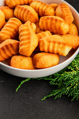 Madeleine sweet biscuit dessert tasty snack fresh delicious gourmet food table setting rustic food top view copy space