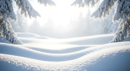 Snowy forest path with sunlight and falling snow