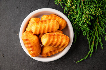 Madeleine sweet biscuit dessert tasty snack fresh delicious gourmet food table setting rustic food top view copy space