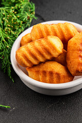 Madeleine sweet biscuit dessert tasty snack fresh delicious gourmet food table setting rustic food top view copy space