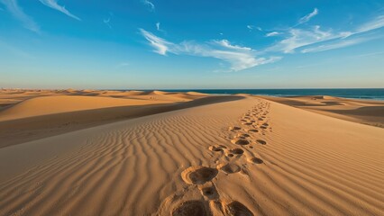 Desert landscape with footprints on sand dunes under a blue sky.