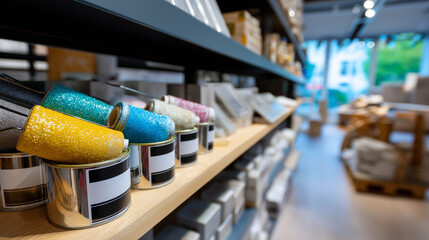 Shelves filled with renovation supplies—tiles, paint, rollers—background softly out of focus, concept of modern building retail, with copy space.
