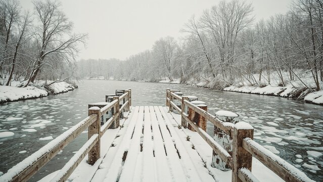 Snow-covered wooden dock extending over icy river in a winter landscape.