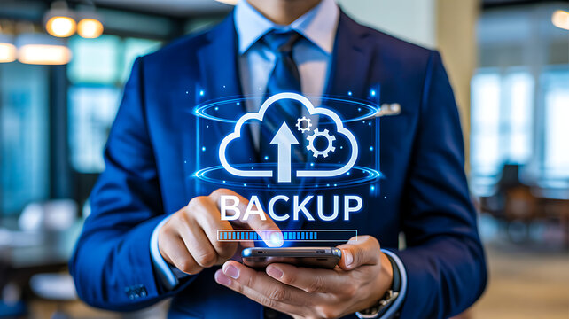 Business professional using smartphone with digital cloud BACKUP icon symbolizing data storage, synchronization and cybersecurity