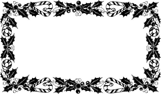 Black and white Christmas border with candy canes and holly