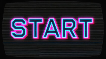 Dynamic neon 'START' text glowing brightly on a retro screen, signaling the beginning of an exciting adventure or game sequence