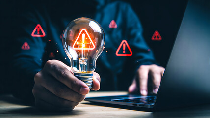 Person holding glowing light bulb with red warning icons symbolizing cybersecurity threats, data risk and digital vulnerability