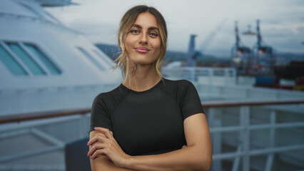Young blonde woman arms crossed on a ship deck under overcast sky; confidence empowerment determination.