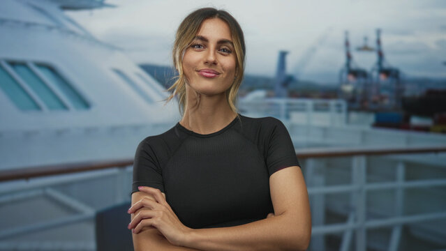 Young blonde woman arms crossed on a ship deck under overcast sky; confidence empowerment determination.