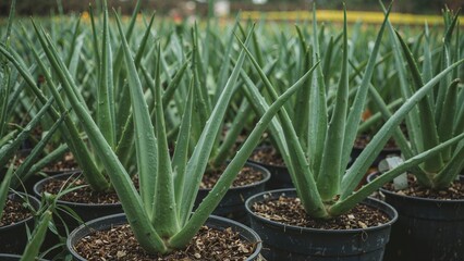 Obraz premium Green aloe vera plants in pots with soil, in a garden or nursery setting.
