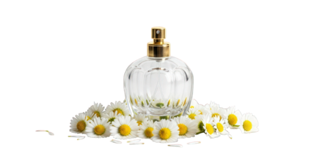Elegant perfume bottle surrounded by delicate daisy flowers, capturing the essence of natural beauty