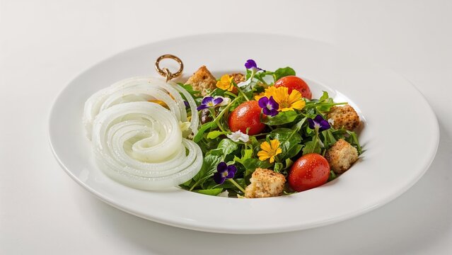 Fresh salad with cherry tomatoes, onion rings, croutons, and edible flowers on a white plate.