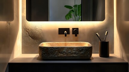 Modern bathroom sink with stone texture illuminated mirror and minimalist design creating a luxurious and contemporary spa-like atmosphere