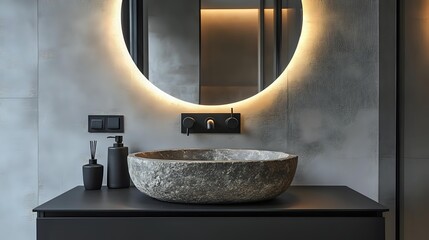 Modern bathroom interior featuring a stone sink illuminated round mirror and minimalist design creating a luxurious and contemporary space