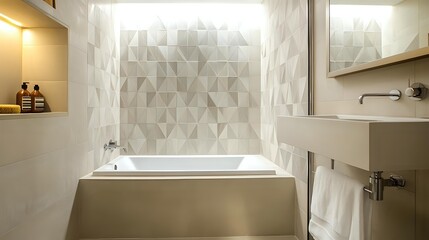 Modern bathroom interior with geometric tile wall featuring a built-in bathtub and minimalist sink creating a serene and luxurious space
