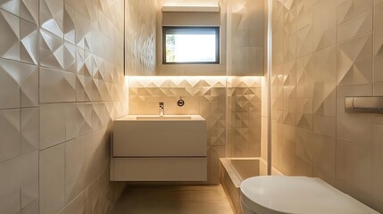 Modern bathroom interior with textured tile wall featuring a sleek vanity and toilet ideal for interior design inspiration and renovation projects