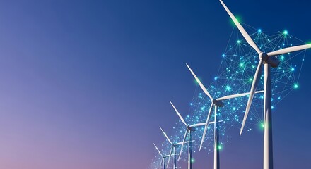 Wind turbines generating energy on blue background with digital effects 