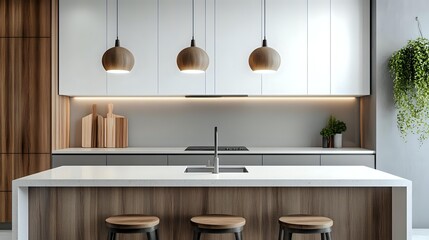 Modern kitchen interior with island featuring wood and white cabinets creating a bright and stylish space for cooking and entertaining