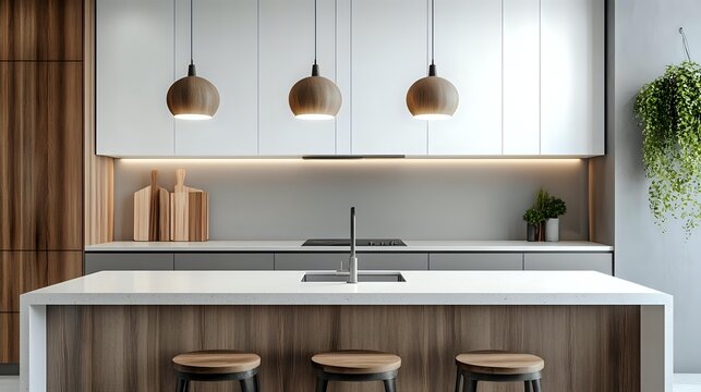 Modern kitchen interior with island featuring wood and white cabinets creating a bright and stylish space for cooking and entertaining