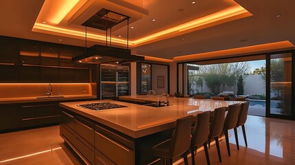 Modern kitchen interior with island and bar stools featuring warm lighting and an open design perfect for architectural visualization and design p