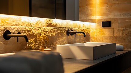 Modern bathroom interior featuring a square sink and black faucets illuminated by warm lighting creating a spa-like atmosphere