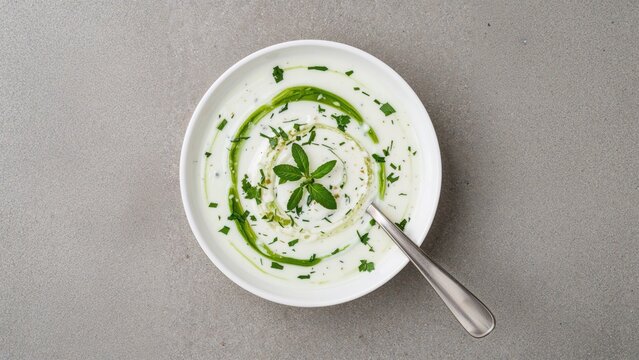 A bowl of creamy soup garnished with herbs and a sprig of basil, served on a gray surface with a spoon.