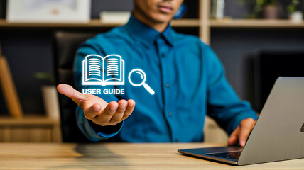 Person holding digital USER GUIDE icon with book and magnifying glass symbolizing instructional support, tech help and software onboarding