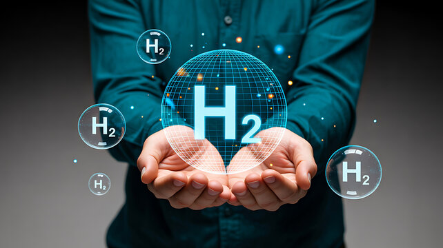 Person holding digital hydrogen molecule H₂ with glowing particles symbolizing hydrogen energy, fuel innovation and clean technology