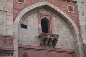 Red Sandstone Arch Window with Mughal Carved Details