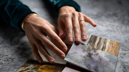 Faceless person’s hands touching textured wallpaper samples, background softly blurred for depth, with copy space.