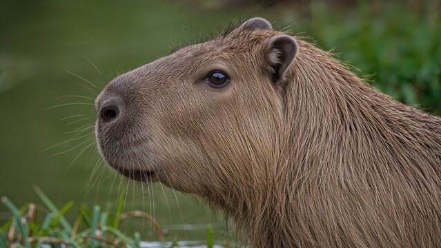 Close-up photo of a capybara, highlighting its face and fur, with greenery in the background.