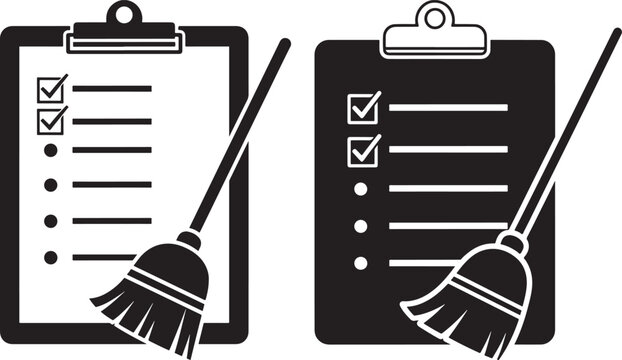 Two clipboards with checklists and brooms silhouette