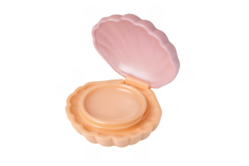 Open shell-shaped compact lip balm on transparent background
