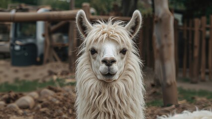 Naklejka premium A close-up of a llama with a background of a farm or zoo setting.