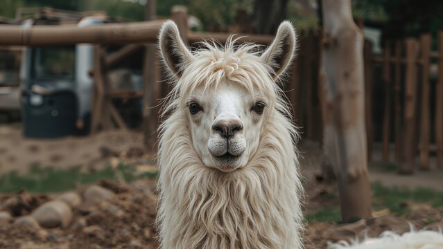 A close-up of a llama with a background of a farm or zoo setting.