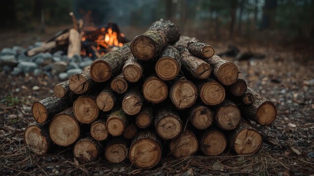 A pile of logs in a forest with a campfire burning in the background.