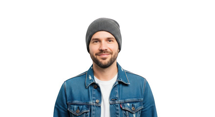 Obraz premium Portrait of a handsome bearded man in a denim jacket and beanie casual style and modern fashion